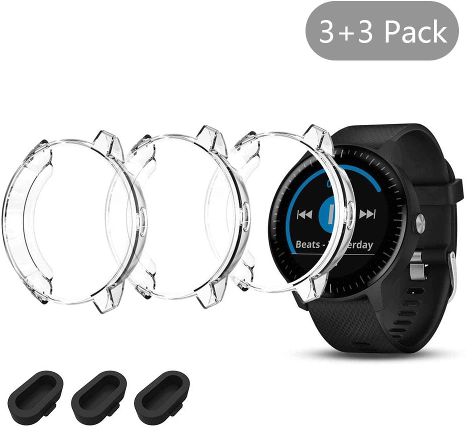 (3+3 Pack) Seltureone Screen Protector Cases Compatible for Garmin vivoactive 3 Music Case, Full Body Protection TPU Cover with Extra 3 Pack Silicone Anti-dust Plug for Charger Port- Clear