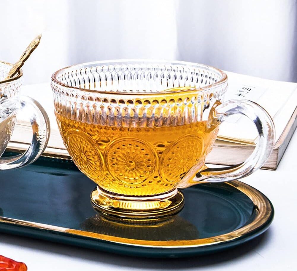 XGOPTS 400ml Glass Mug with Handle Tea Glass Cups Vintage Embossed Clear Glass Cups Coffee Cup Lead-Free Household Breakfast Cup for Juice Yogurt Oatmeal Milk Cup