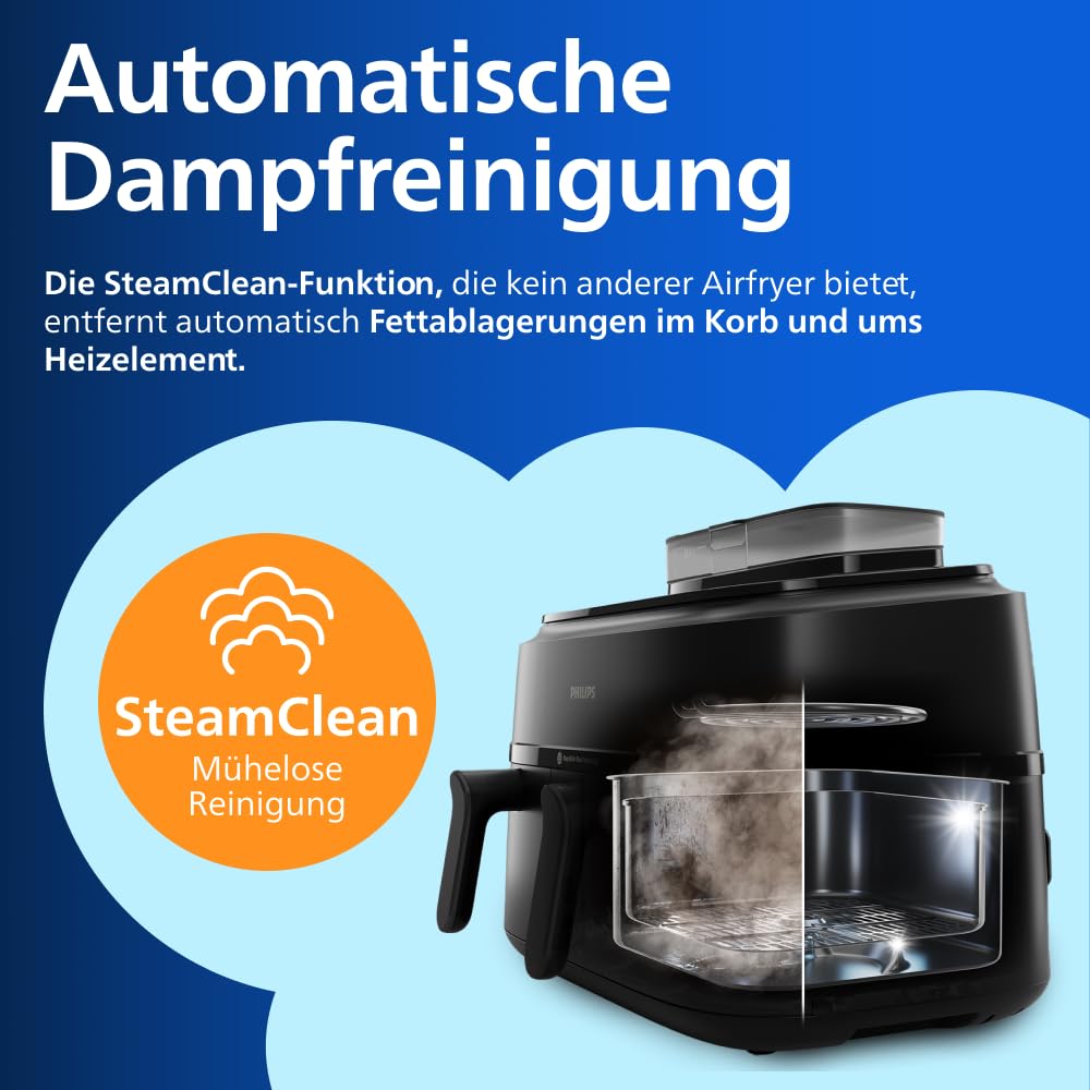 Philips Steam Airfryer 5000 Series Dual Basket Heißluftfritteuse mit Dampfgar-Funktion & 2 Körben – Steam, Airfry, SteamFry, 9L (3L+6L), RapidAir Plus, automatische Dampfreinigung (NA550/00) 9
