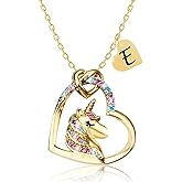 PYXC Valentines Day Gifts - Unicorn Necklace Gifts for Girls, Gold CZ Heart Unicorn Jewelry Initial Girls Birthday Colorful Heart Necklace Birthday present