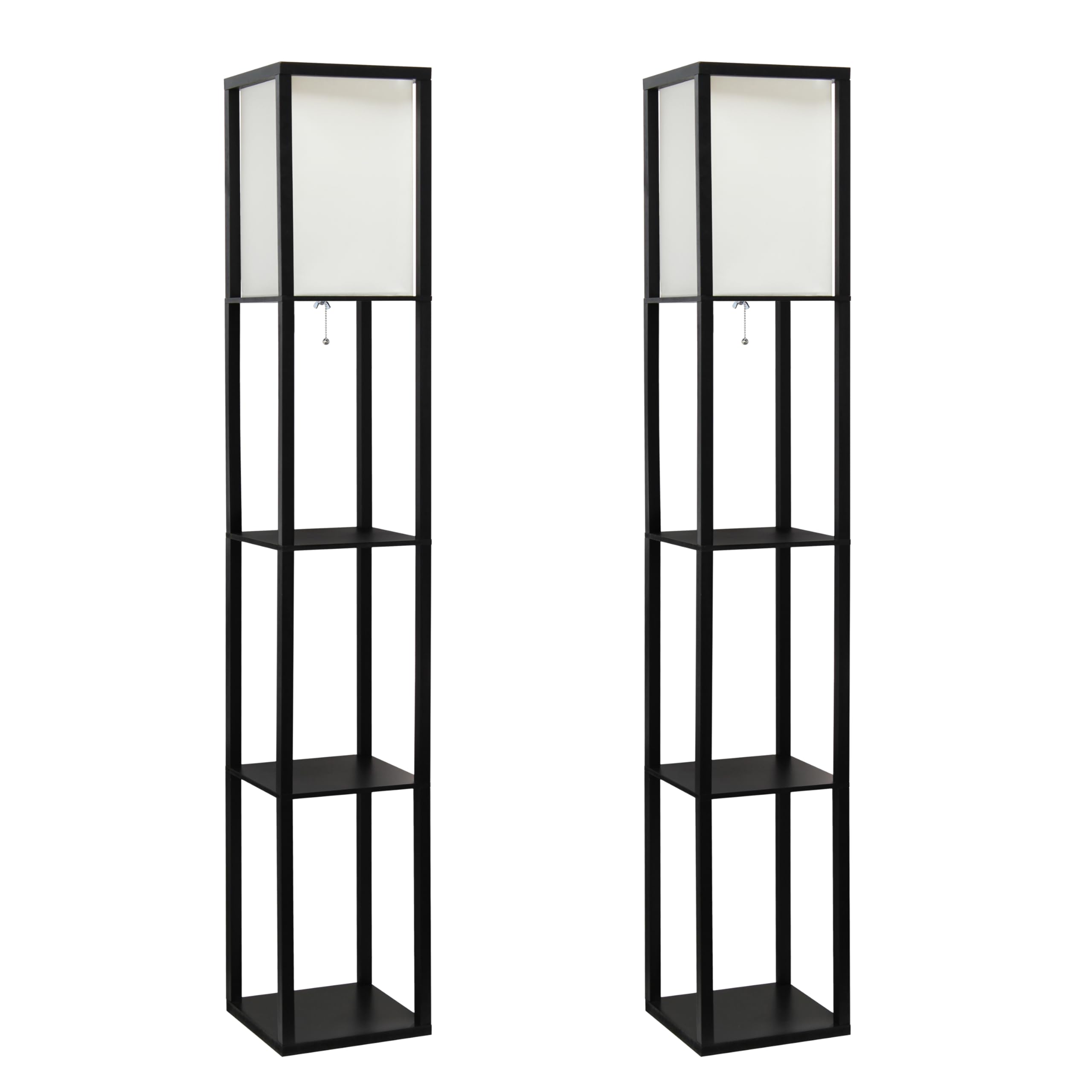Photo 1 of *sold for parts* Simple Designs LF1014-BLK-2PK Three Shelf Etagere Organizer Storage Floor Lamp 2 Pack Set with White Linen Shade for Living Room, Bedroom, Office, Hallway, Black