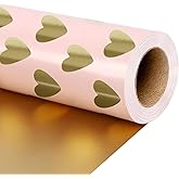 LaRibbons Reversible Valentines Wrapping Paper Roll, 17 Inch × 33 Feet, Pink Gift Wrapping Paper with Gold Heart Design, Perfect for Mother's Day, Birthday, Bridal Shower, Anniversaries
