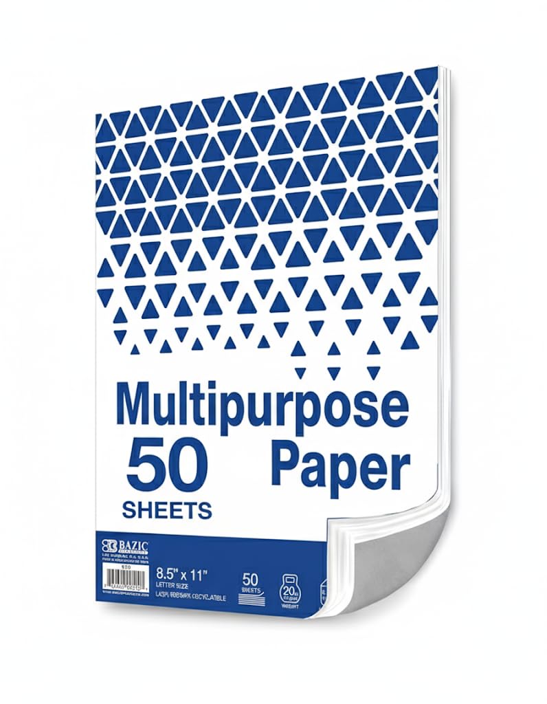Photo 1 of BAZIC 50 SHEETS 8.5" x 11" White Multipurpose Paper, 20 LB (75 gsm), Copy Paper Fax Laser & General Printing, Create Report Document Flyer for School Office, 50 SHEETS
