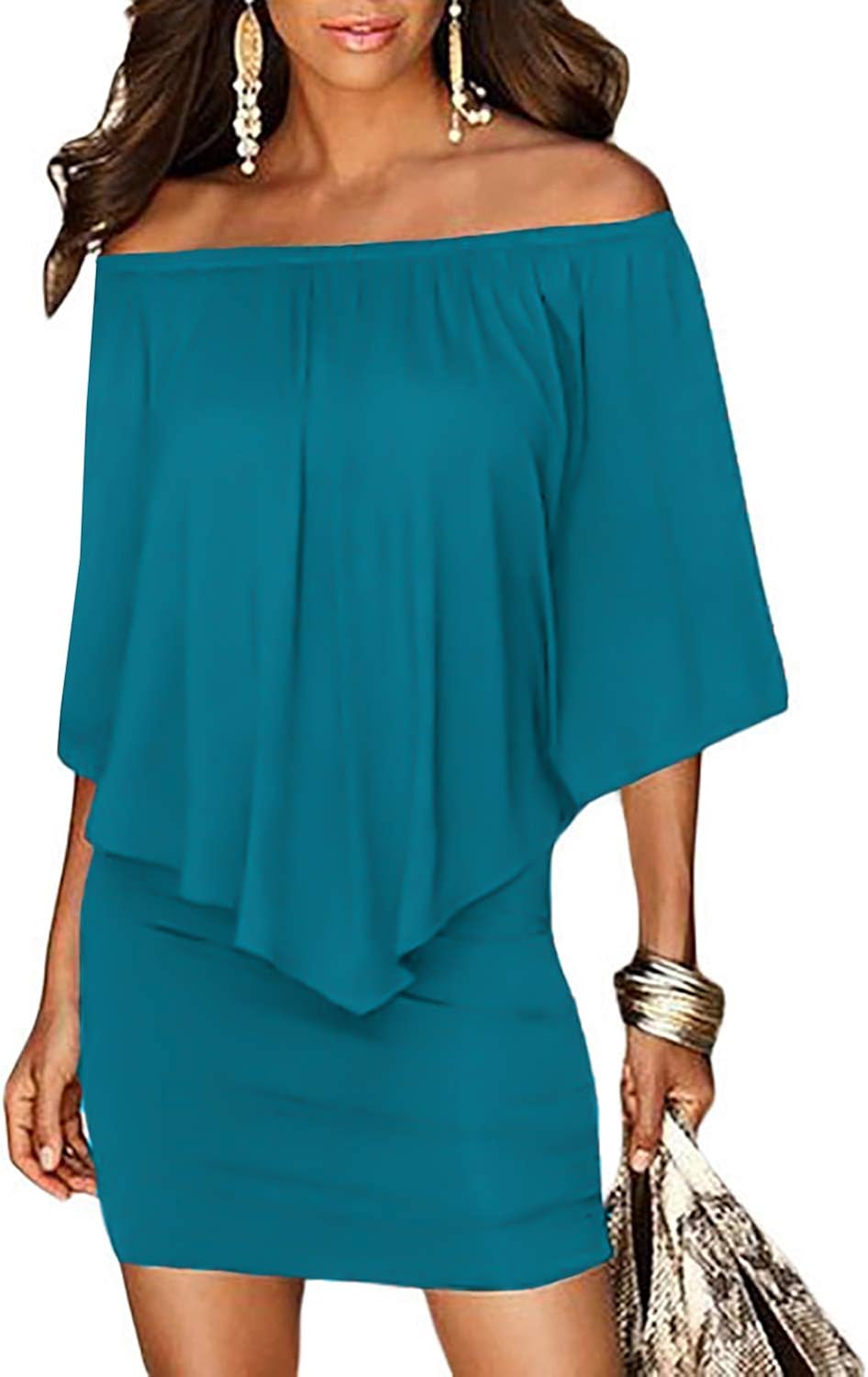 Sidefeel Women Off Shoulder Ruffles Bodycon Mini Dress: Clothing
