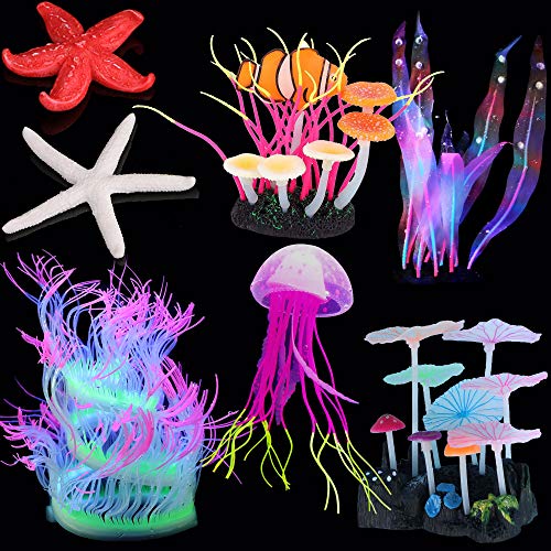 SunKni 7 Pcs Glow Fish Tank Decorations Plants Aquarium Decor Silicone Artificial Jellyfish Coral Waterweeds Sea Anemone Kelp Mushroom Lotus Coconut Tree Glofish Accessories & Resin Starfish (NO.2)