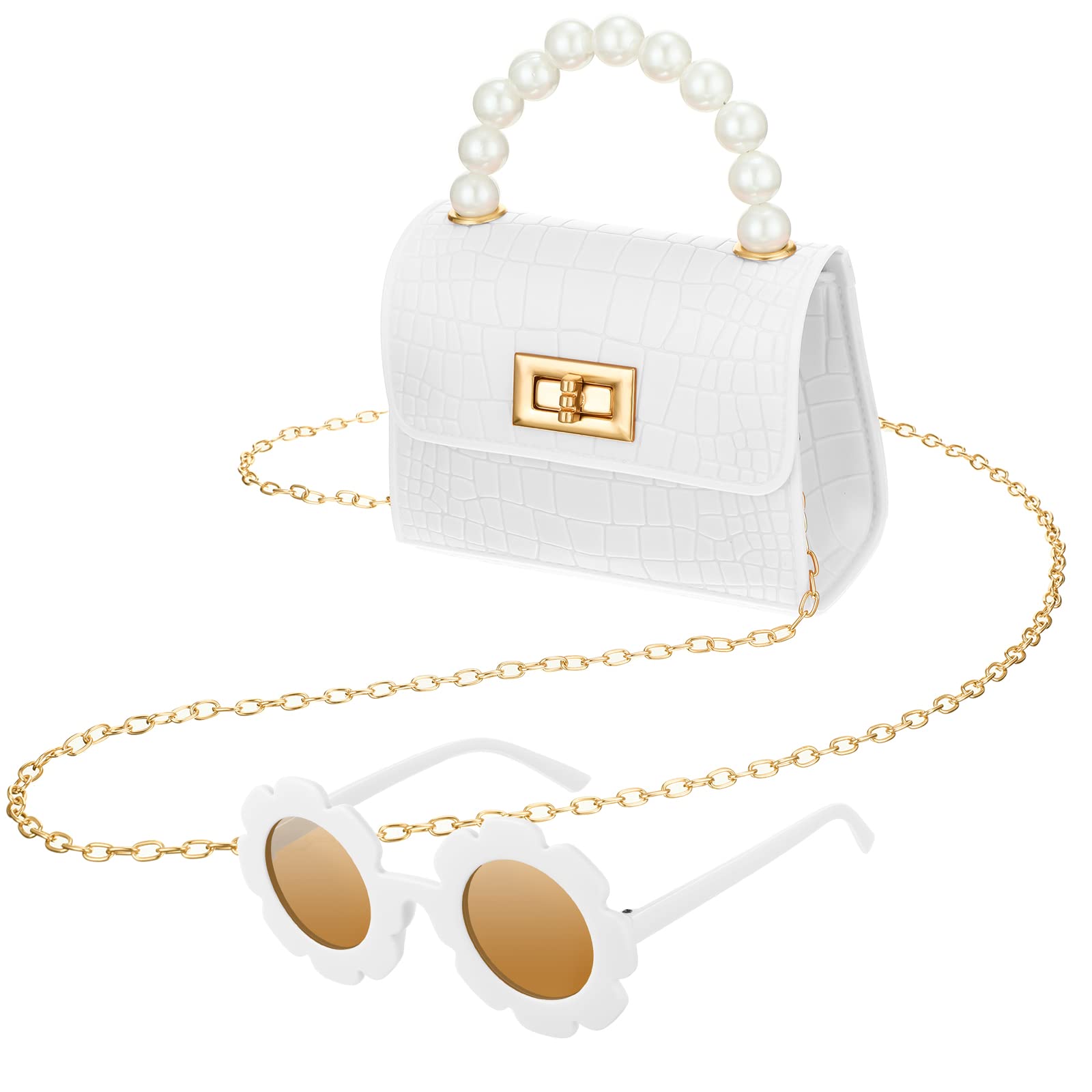 Photo 1 of Cunno Purse for Mini Purse Cute Crossbody Bags Princess Flap Handbags with Flower Sunglasses(White,Classic)