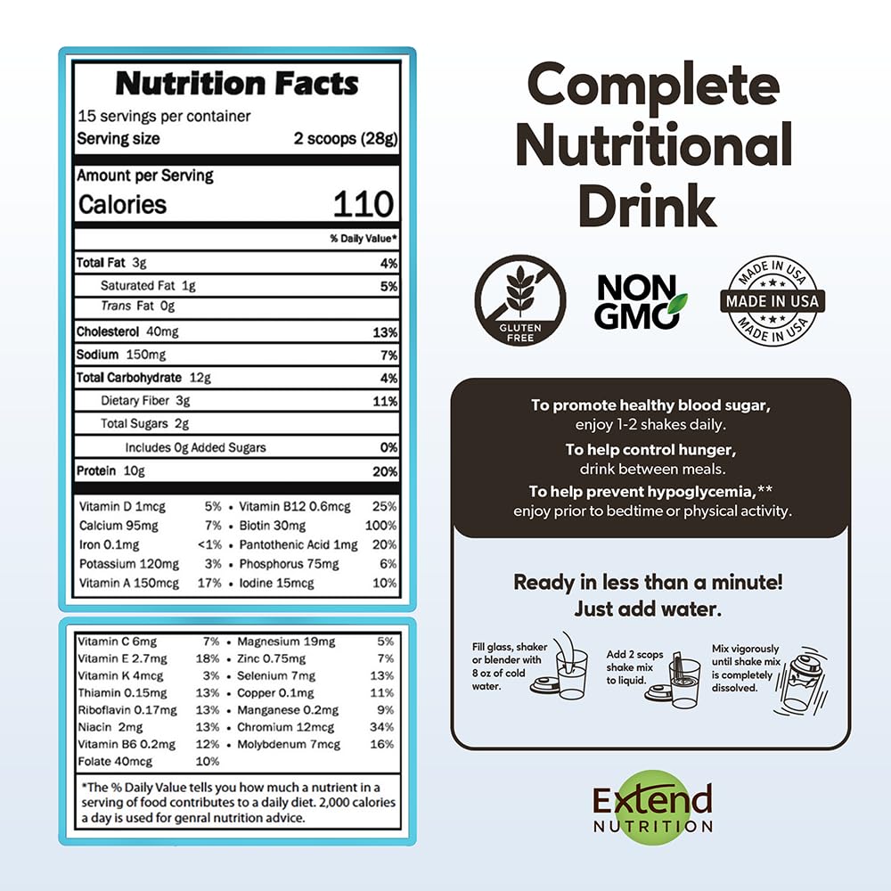 Extend Shake Powder – Diabetic High Protein Nutritional Drink for Meal Replacement, Blood Sugar Management, Weight Loss, Keto Friendly, Low Sugar, Low Carb, 10g Protein, Creamy Vanilla, 15 Servings