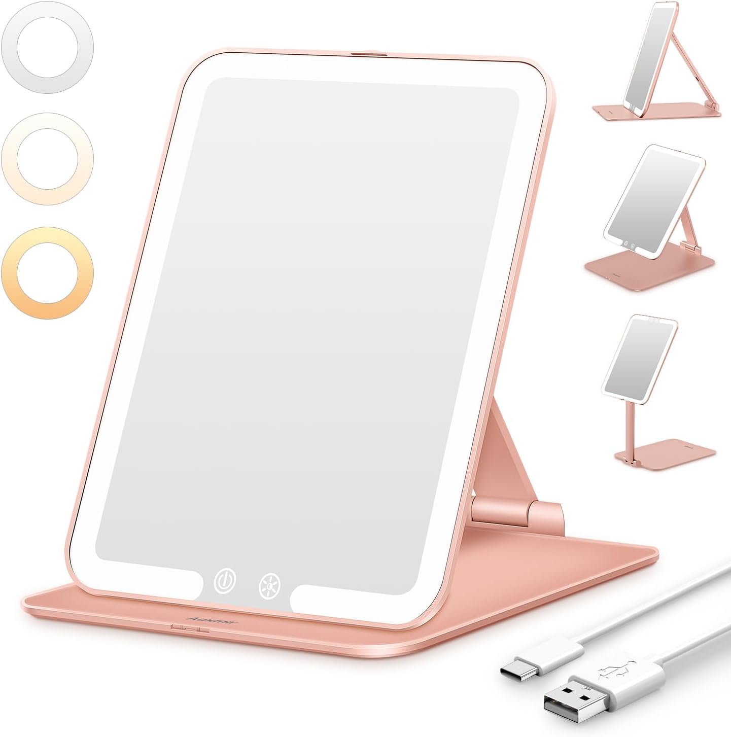 Auxmir Rose Gold Portable LED Vanity Mirror, Rechargeable, Adjustable Lighting, Smart Design, Memory Function, 19L x 13.5W cm, Standing/Leaning