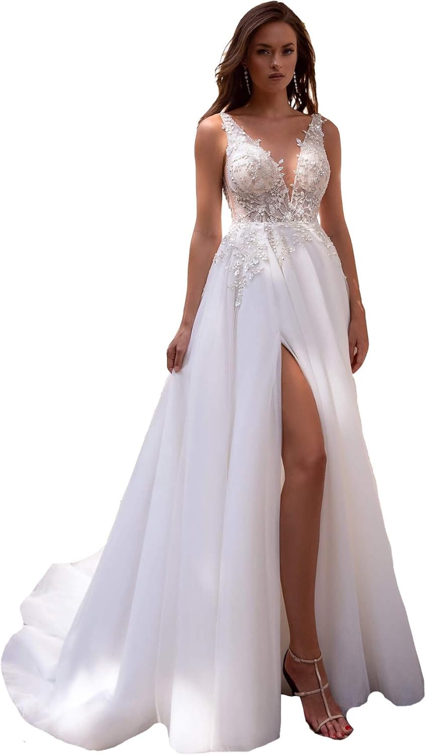 Slit Boho Wedding Dresses for Womens VNeck Chiffon