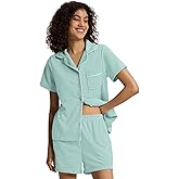 SIORO Button Down Pajamas Set for Women Short Sleeve Sleepwear Lightweight Waffle Knit Loungewear Shorts Set Nightwear