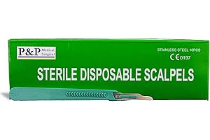 P&P MEDICAL SURGICAL Disposable Scalpels Sterile Surgical Blade Size 15 Stainless Steel with Plastic Handle & Metric Line Individually Foil Wrapped Box of 10