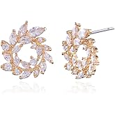 CZ Cluster Earrings for Women Gorgeous Marquis-Cut Cubic Zirconia Curved Bridal Wedding Banquet Stud Earrings for Bride Bridesmaids Fashion Olive Branch Stud Earring Leaves Shape Jewelry