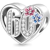 GNOCE Sterling Silver 60th Birthday Heart Charm with Flowers, Compatible, Snake Chain Bracelet & Necklace, Classic Elegant Style