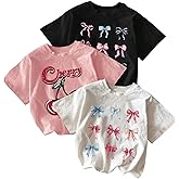 QJQ Girl's 3 Piece Set Bow Cherry Graphic T Shirts Short Sleeve Crewneck Tees Summer Trendy Preppy Cute Tops Clothes