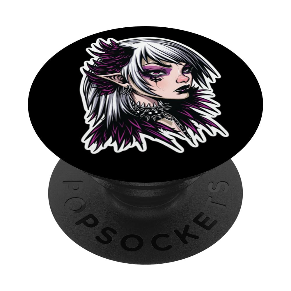 Creepy Anime Japanese Goth Girl Raven Feather Kawaii Journey PopSockets Swappable PopGrip