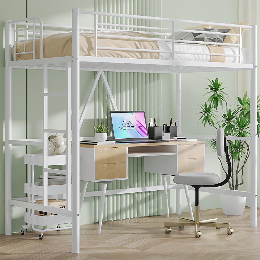 Photo 1 of VECELO Loft Bed Twin Size, Metal Bedframe with Removable Ladder and Safety Guardrail, No Box Spring Needed, Space Saving, Noise Free, Pure White