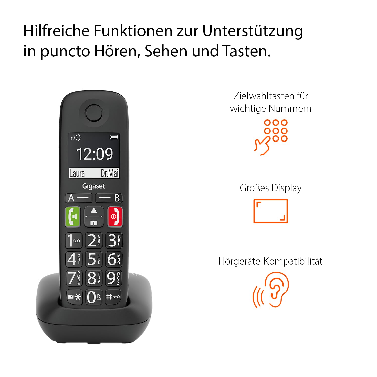 Gigaset E290 - Schnurloses Senioren-Telefon ohne Anrufbeantworter mit großen Tasten - Zielwahltasten für wichtige Nummern, Verstärker-Funktion für extra lautes Hören, schwarz [Deutsche Version] 4