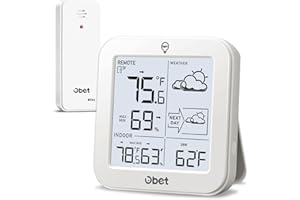 OBET Indoor Outdoor Thermometer Wireless Weather Station, Battery Powered Inside Outside Thermometers Hygrometer Monitor with Backlight, Max/Min Record, Dew Point, Heat Index, Pressure (500 Feet)