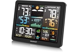 Weather Station Wireless Indoor Outdoor Thermometer, KIDLEDUCT 8.5" Large Color Atomic Clock with Sunrise Sunset Time, 5 Levels of Backlight, Weather Forecast/Barometer Run Chart, Moon Phase/Tide