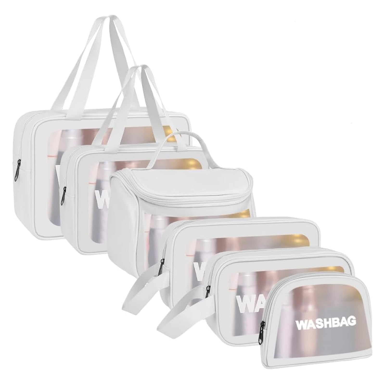 Aucuu 6PCS Clear Toiletry Bag, Wash Bag, Clear PU Makeup Bags, Waterproof Toiletry Travel Bags with Zipper Handle, Portable Airport Cosmetic B-ag for Travel Bathroom Men Women (White)