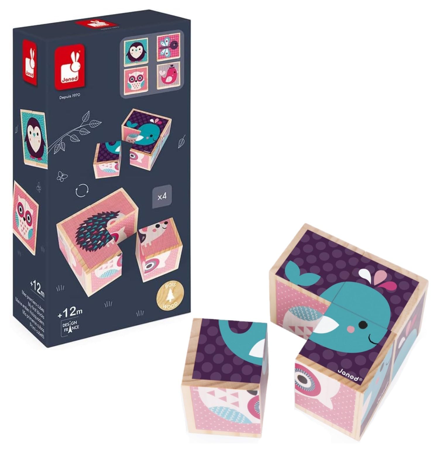 Janod - My First Blocks, Baby Animals - Children's Wooden Puzzle - Early Learning and Construction Toy - Develop Visual Memory - Wooden Toy - From 1 Year Old, J08001 — image 1