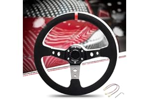 WENJTP 14" 350mm Deep Steering Wheel,Dish 6 Bolt with for Sport Racing Steering Suede Wheel Suede Horn Button US Included, Cable, Wrench? Napped Leather Red