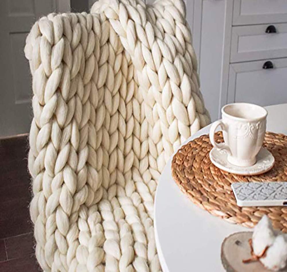 Ruber Knit Blanket Throw Chunky, Handmade Cable Bulky Arm Thick Yarn Wool Throw Sofa Blanket, Boho Bedroom Home Decor, Gift for Couch Bed,Beige,50 * 50cm