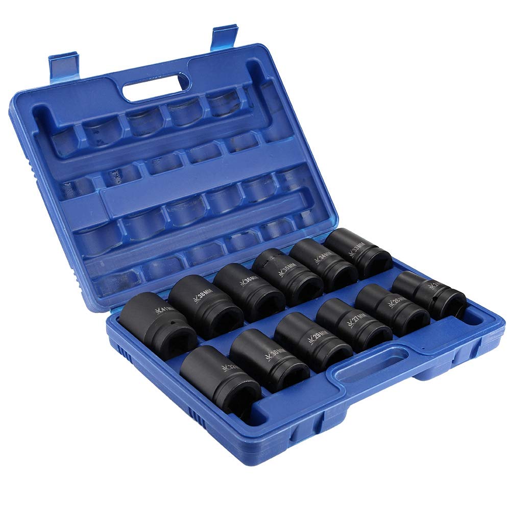 12Pcs 1 Inch Impact Socket Set, Drive Axle Hub Nut Hex Deep Socket Tool With Storage Box (1 Inch, Blue)