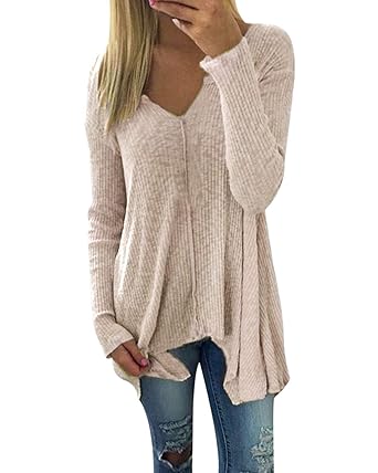 Zanzea Damen Langarmshirt V-Ausschnitt Lose Asymmetrisch Sweatshirt Oversize Oberteil Tops
