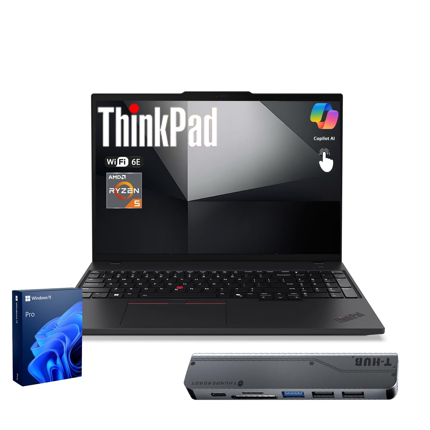 Laptop empresarial Lenovo ThinkPad E16, pantalla táctil antirreflejos FHD+ de 16", AMD Ryzen 5 7535U, 32 GB DDR5, 1 TB SSD, Wi-Fi 6E, huella digital, retroiluminación, cámara web, Windows 11 Pro, paquete con concentrador USB-C 7 en 1