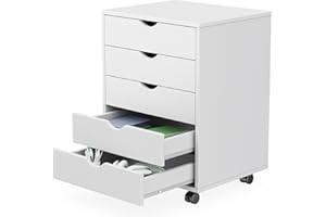Sweetcrispy 5 Drawer Chest Mobile Storage Cabinets Small Wooden Dresser with Wheels Room Organization Furniture for Office Home, White Wood