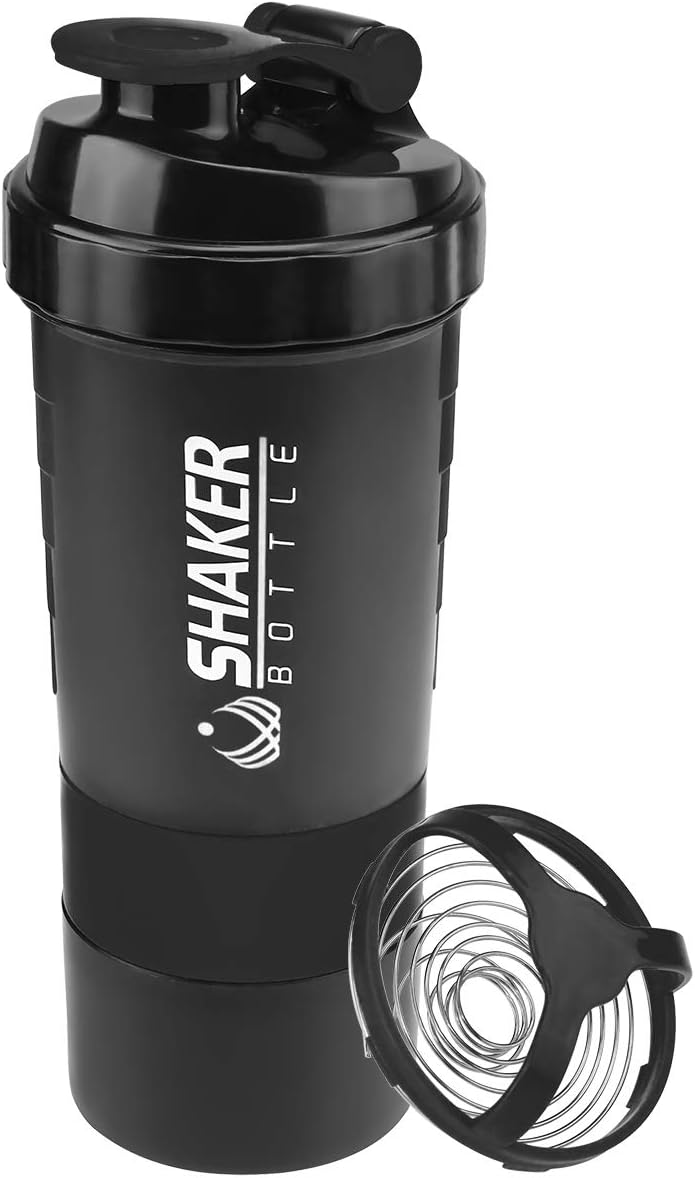 VIGIND Protein Shaker Bottle - Sports Water Bottle - Non Slip 3 Layer Twist Off 3oz Cups with Pill Tray - Leak Proof Shake Bottle Mixer- Protein Powder 16 oz Shake Cup with Storage