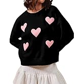 Women Casual Loose Sweater Heart Print Oversized Knitted Romantic Sweatshirt Long Sleeve Pullover Tops