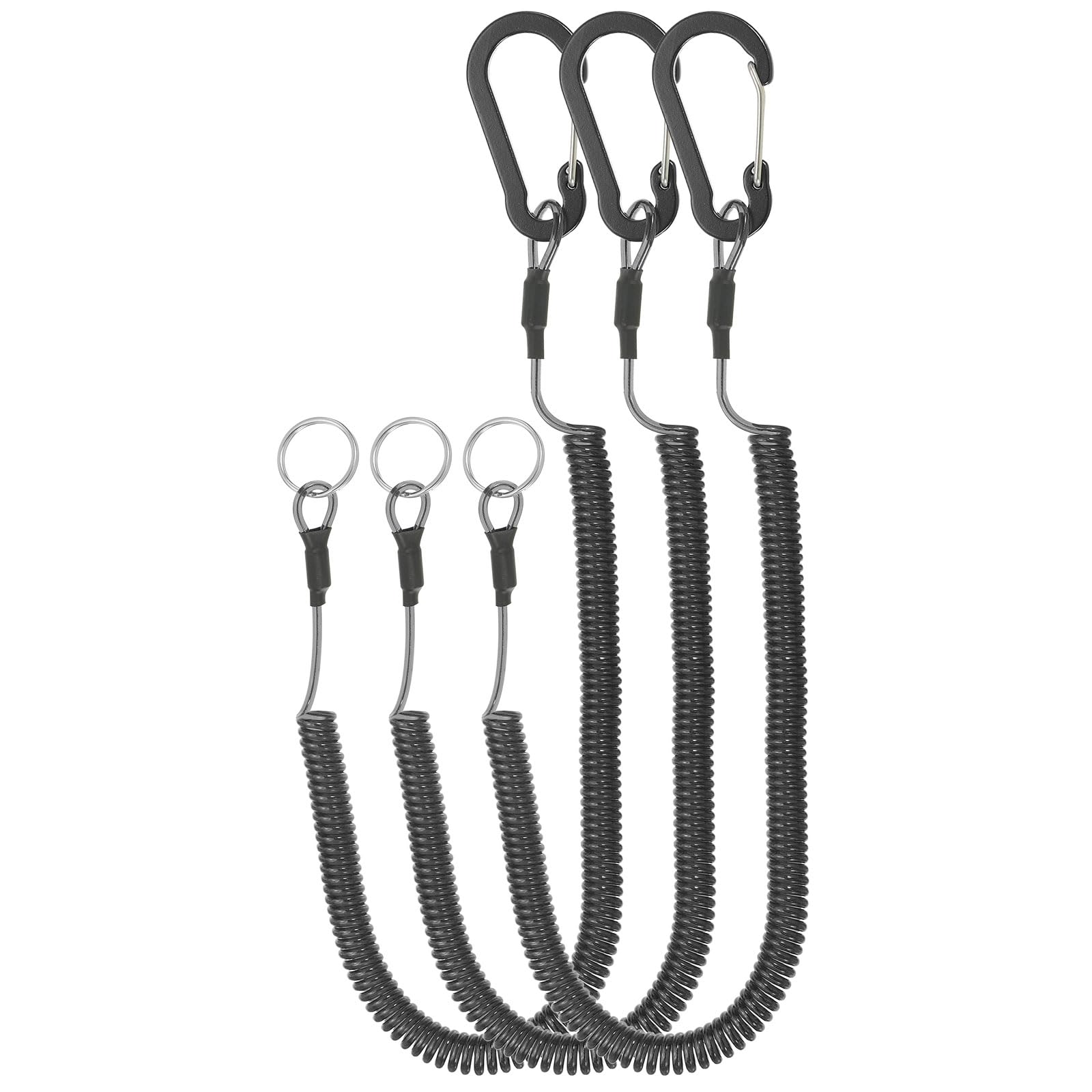 PATIKIL 3pcs Retractable Spring Coil Straps, 10" Spiral Stretchy Safety Lanyard Cord with Aluminium Clip and Key Ring for Fishing Kayak Climbing Boating Pliers, Black