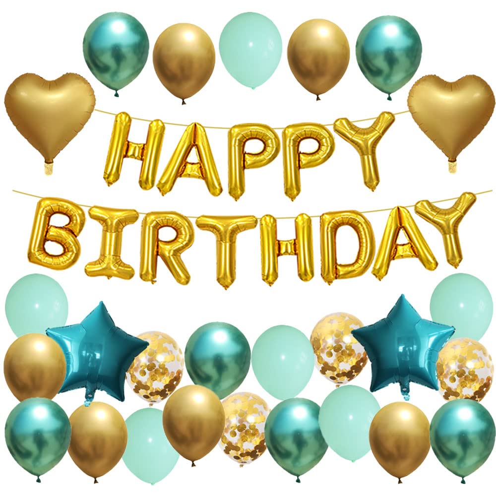 Ohighing Birthday Decoration: 35pcs Gold, Green, Blue Balloon Set - Heart Shaped Foil & Latex Balloons, Confetti, Ribbons - Girl & Women's Birthday Party Decoration
