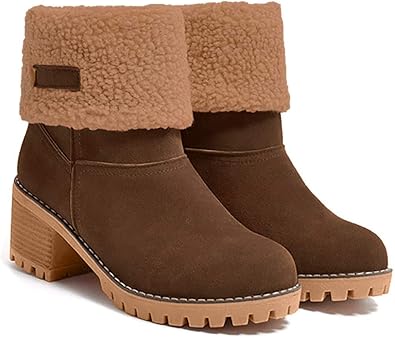women cute warm short boots suede chunky mid heel round toe winter snow ankle booties
