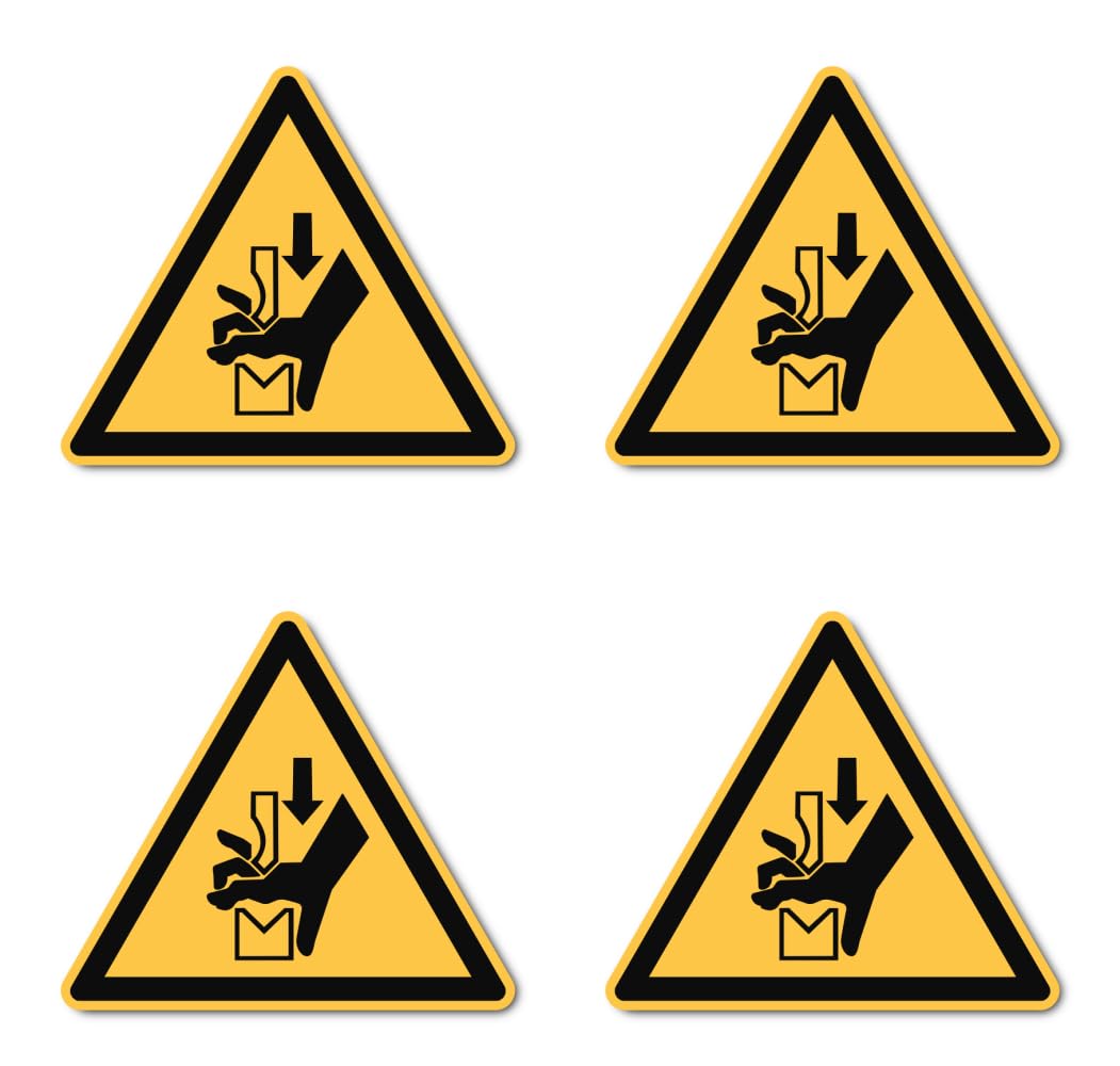 Warning against the risk of squeezing the hand between tools of a press: W030 - DIN EN ISO 7010 / ASR A1.3 - Sticker: diameter 10 cm, pack of 4