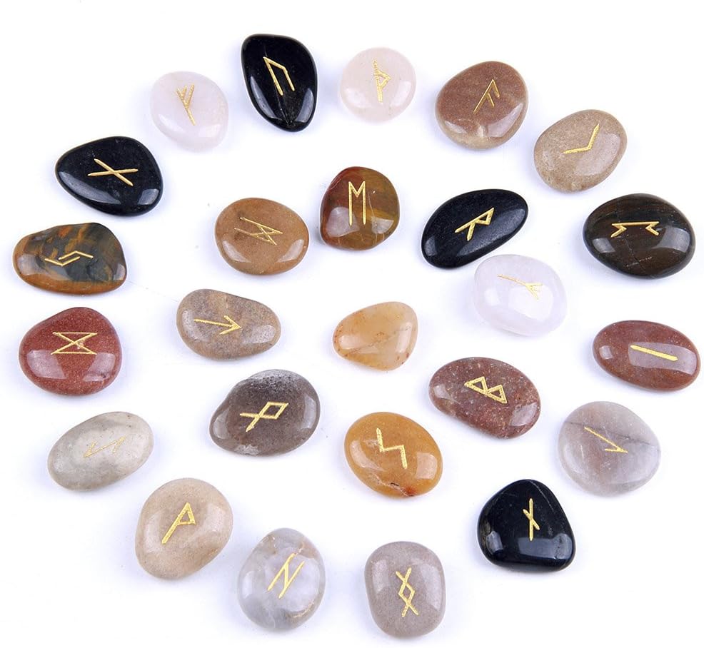 Sheewee Rune Stones Set with Engraved Elder Futhark Alphabet and Velvet Pouch