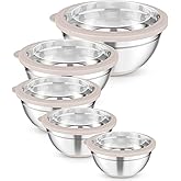TeamFar Mixing Bowls, 5PCS Stainless Steel Serving Salad Bowls with Lids, For Kitchen Mixing/Baking/Storing/Prepping, Visible & Airtight, Non-Slip Bottom - 4.6/3.5/1.5/1 / 0.7 QT, Khaki
