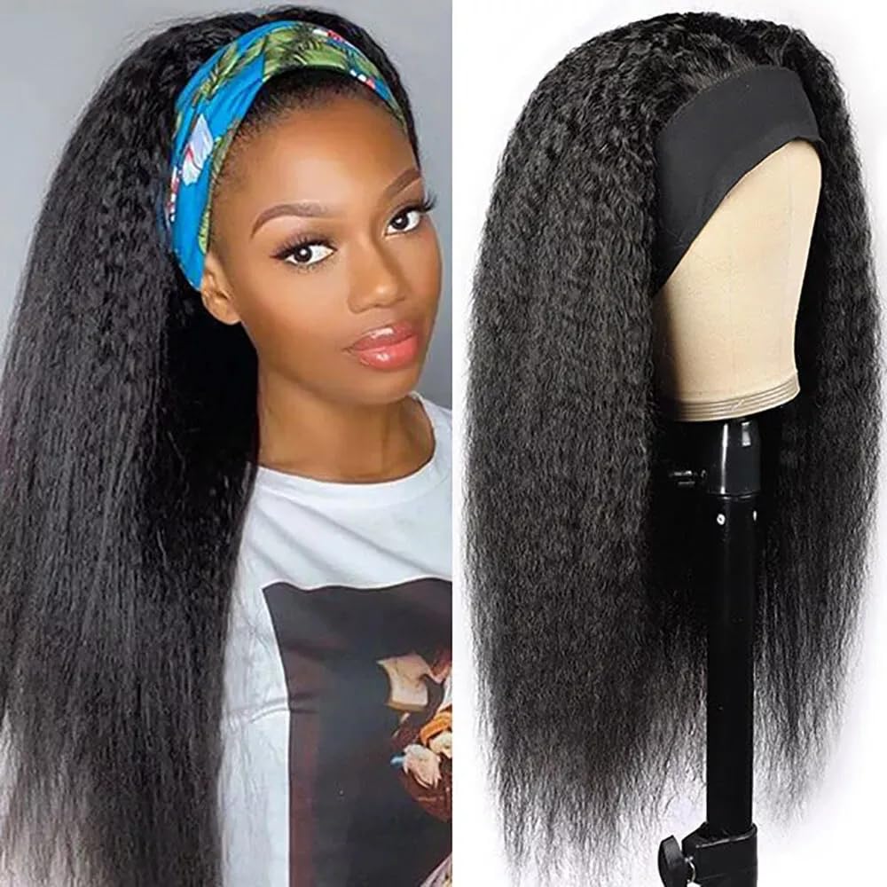 Urshiney 18 Inch Kinky Straight Headband Wig for Black Women Brazilian Virgin Human Hair 150 Density Yaki Texture Machine Made Glueless Wigs Beginner Friendly Natural Black