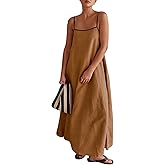 Womens Summer Linen Maxi Dress Contrast Trim Spaghetti Straps Backless Sleeveless Long Flowy Dresses