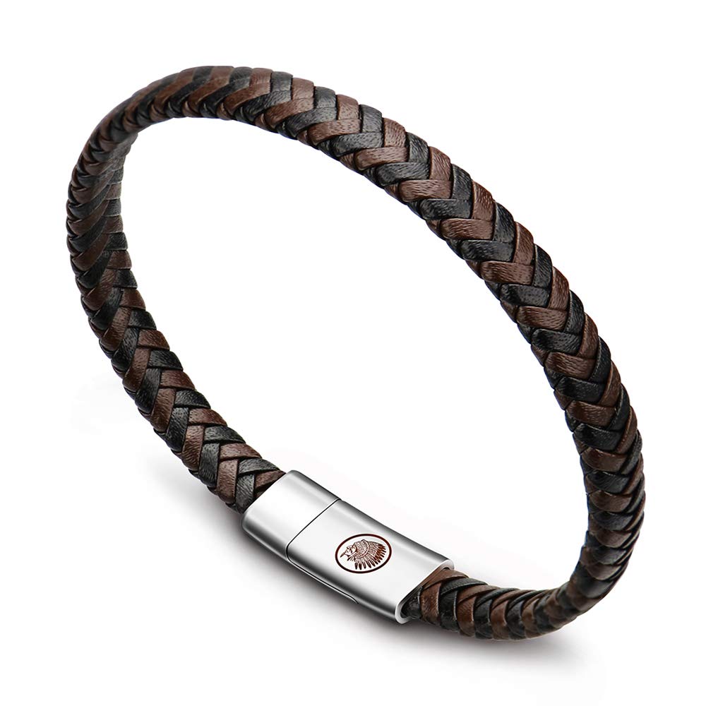 Casisto.J Mens Leather Bracelet – Classic Handmade Braided Black & Brown Cuff Bracelet with Engraved Magnetic Clasp Free Jewelry Gift Boxed
