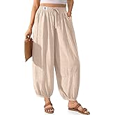 TARSE Womens Linen Barrel Harem Pants Casual Wide Leg Baggy Drawstring Boho Summer Beach Palazzo Travel Pants