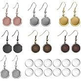 LANBEIDE 12mm Earring Wire Hooks with Glass Cover Cabochon Setting, 84 Pcs 7 Colors Alloy Earring Bezel Trays for Jewelry Making