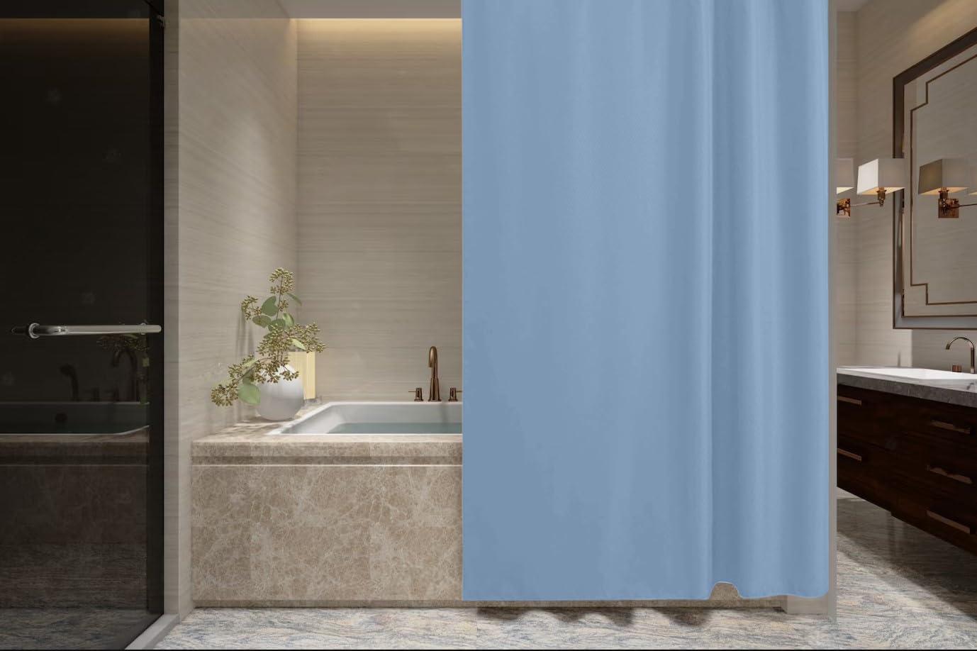 ProBytes Polyester Shower Curtain - Water Repellent Fabric,180 x 180 CM, 71 x 71 Inch,12 Rail Hooks, Mildew Resistant, Machine Washable, Soft & Elegant Colours, Bathtub, Bathroom, Wet Room - Soft Blue