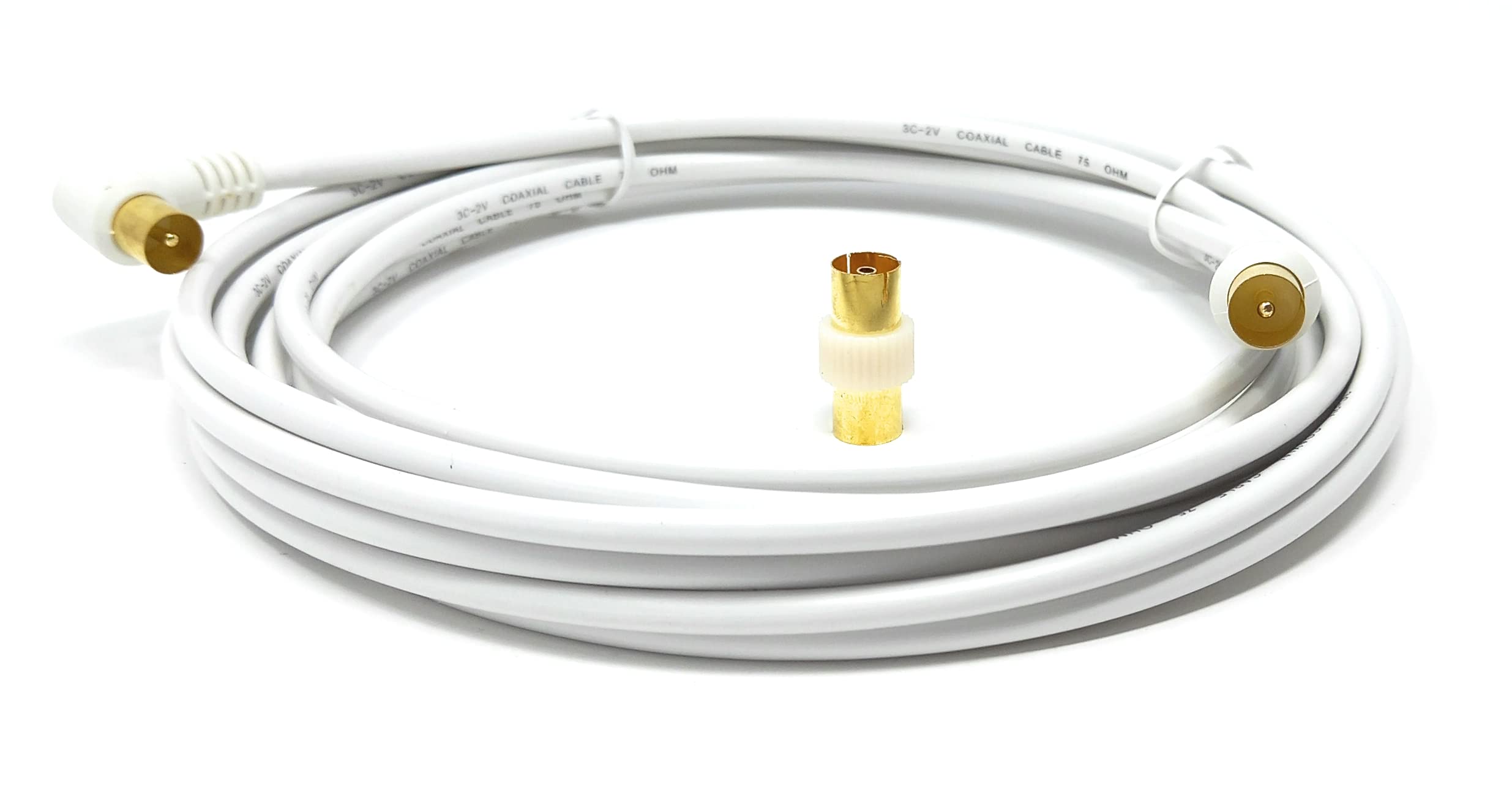 DRUT 5m TV RF Right Angle Male to Male Aerial Antenna Coaxial Cable With Female to Female Coupler Gold Connectors 75 ohm, 3C2V 16.5ft White
