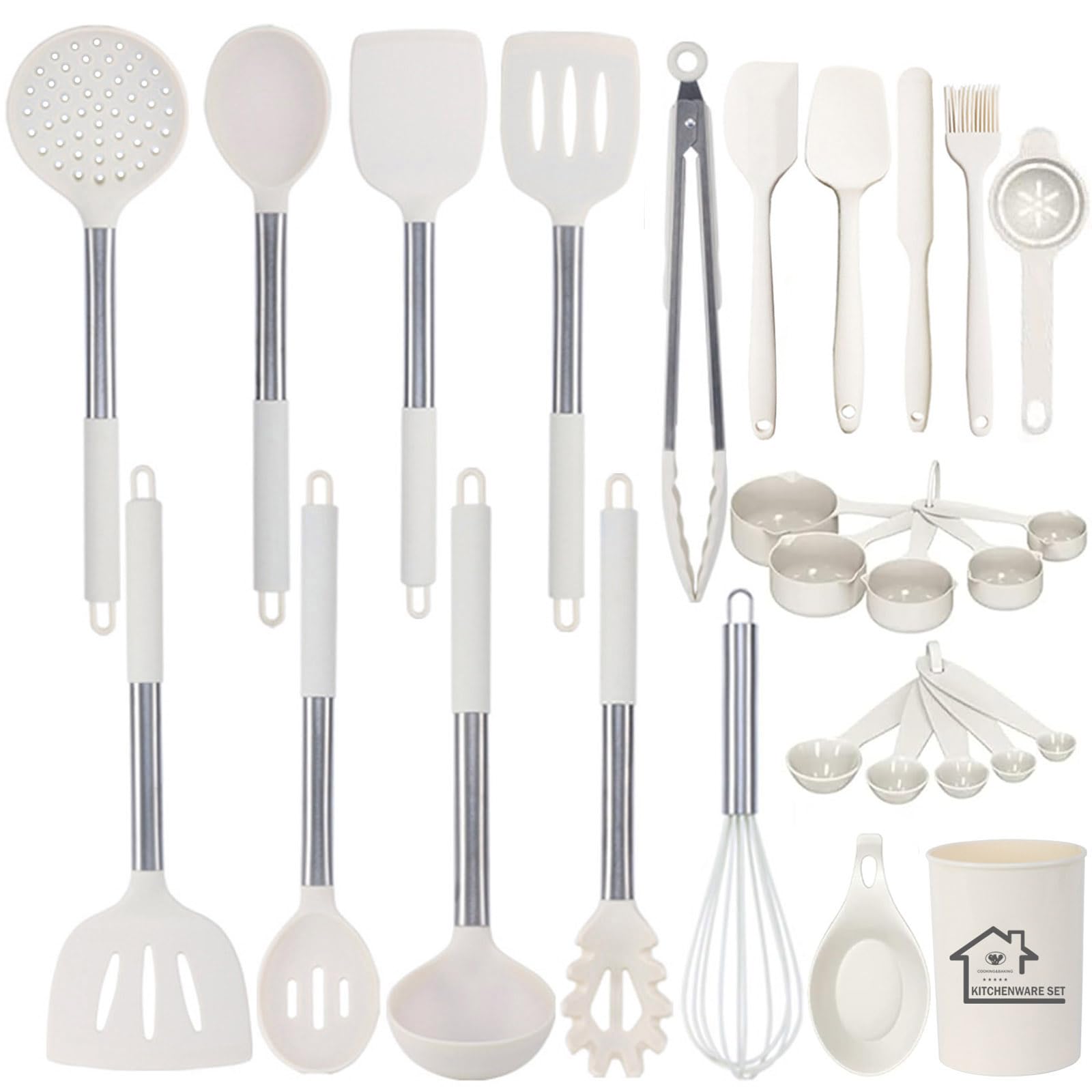 UXIYI Kitchen Utensils Set, Silicone Cooking Utensils, 27PCS Silicone Spatula Set with Stainless Steel Handle, Kitchen Tools for Nonstick Non Scratch Cookware,Cream