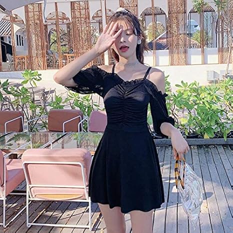 Amazon Co Jp Zznvs 韓国水着ワンピースswimdress女性の水着ドレス水着ソリッド水着セクシーなビーチウェアワンピース水着 Color Black Size Xl ホーム キッチン