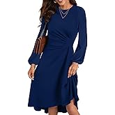 Happy Sailed Midi Dresses for Women Date Night Long Sleeve Empire Ruched Waisted Slim Fit Irregular Hem Flared A-Line High Low Cocktail Party Dress Fashion 2025 Navy Blue Large