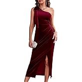 Wenrine Women's One Shoulder Velvet Dresses Slim Fitted Slit Faux Wrap Sexy Bodycon Evening Dress